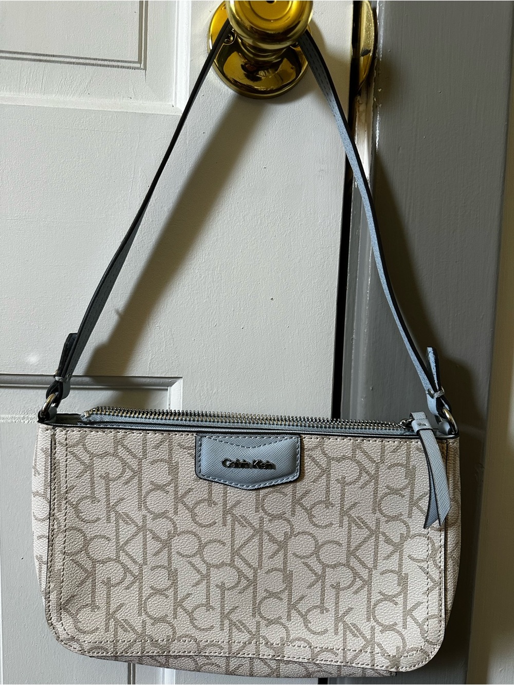 Calvin Klein Beige Monogram Shoulder Bag with Gray Trim